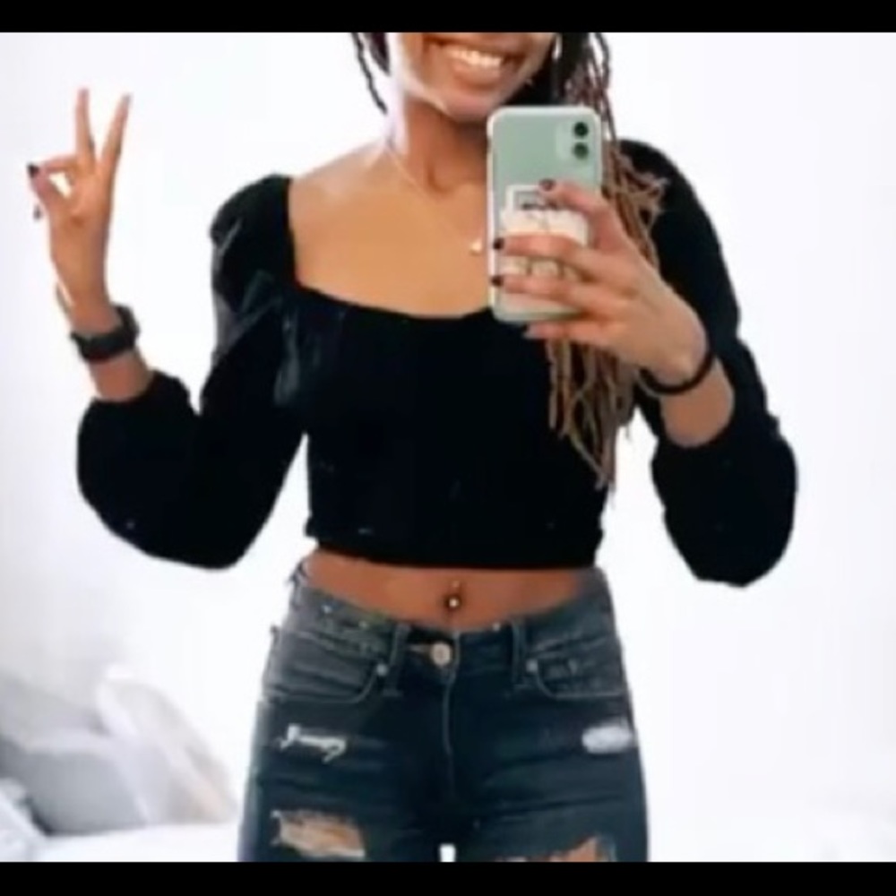 Black Balloon Sleeve Crop Top w/ Shirred Corset, Small